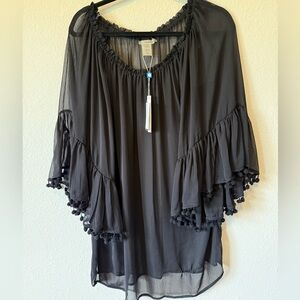 Bleu Rod Beattie Black Sheer Bell Sleeve Swim Cover Up Size M NWT Resort Beach